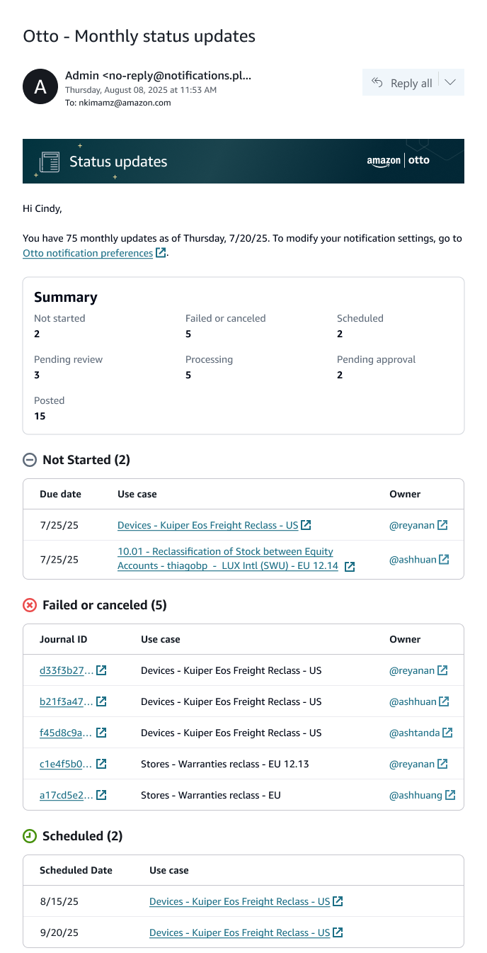 Status-summary email organizing journal-entry updates into status groups.
