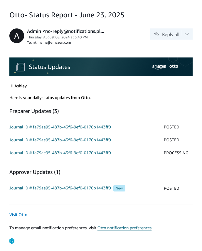 First status-summary email draft with updates separated by preparer and approver roles.