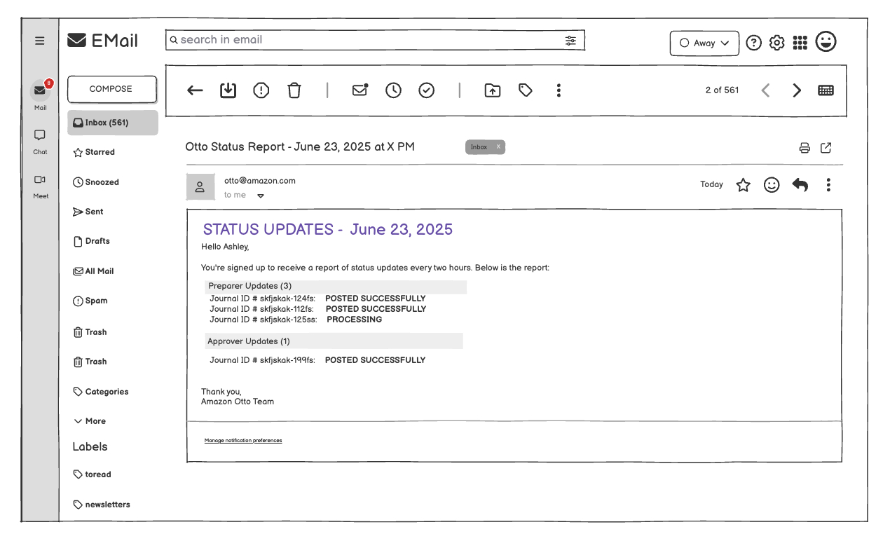 Status summary email grouping nonurgent journal-entry updates.