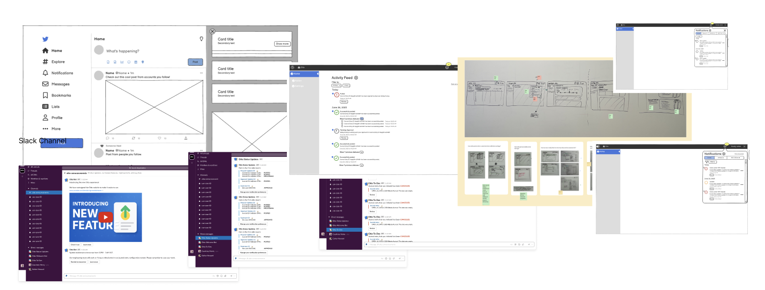Notification concepts explored across browser alerts, Slack, and an in-app notification center.