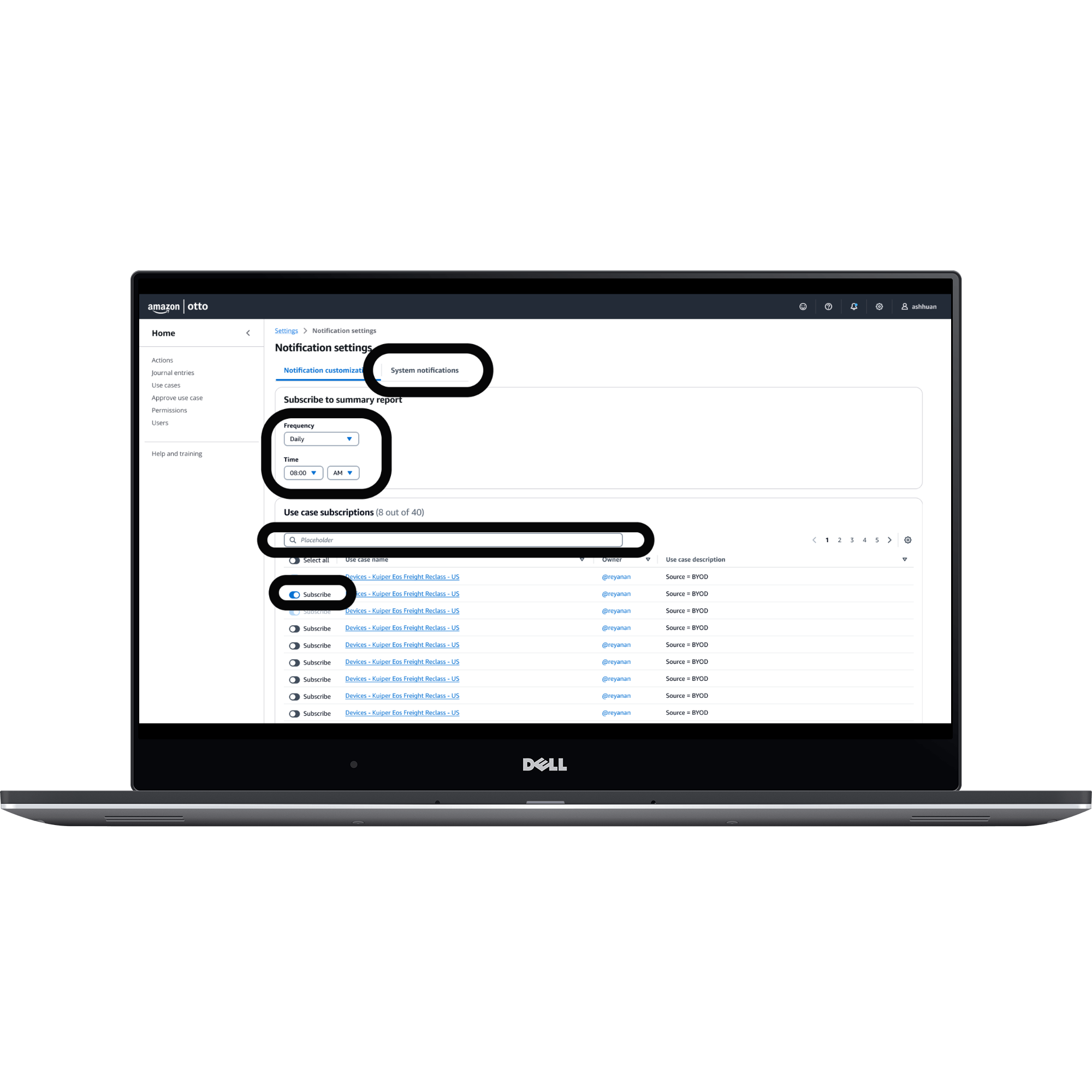 Notification settings exploration with separate notification tabs, individual subscription toggles, and frequency controls.