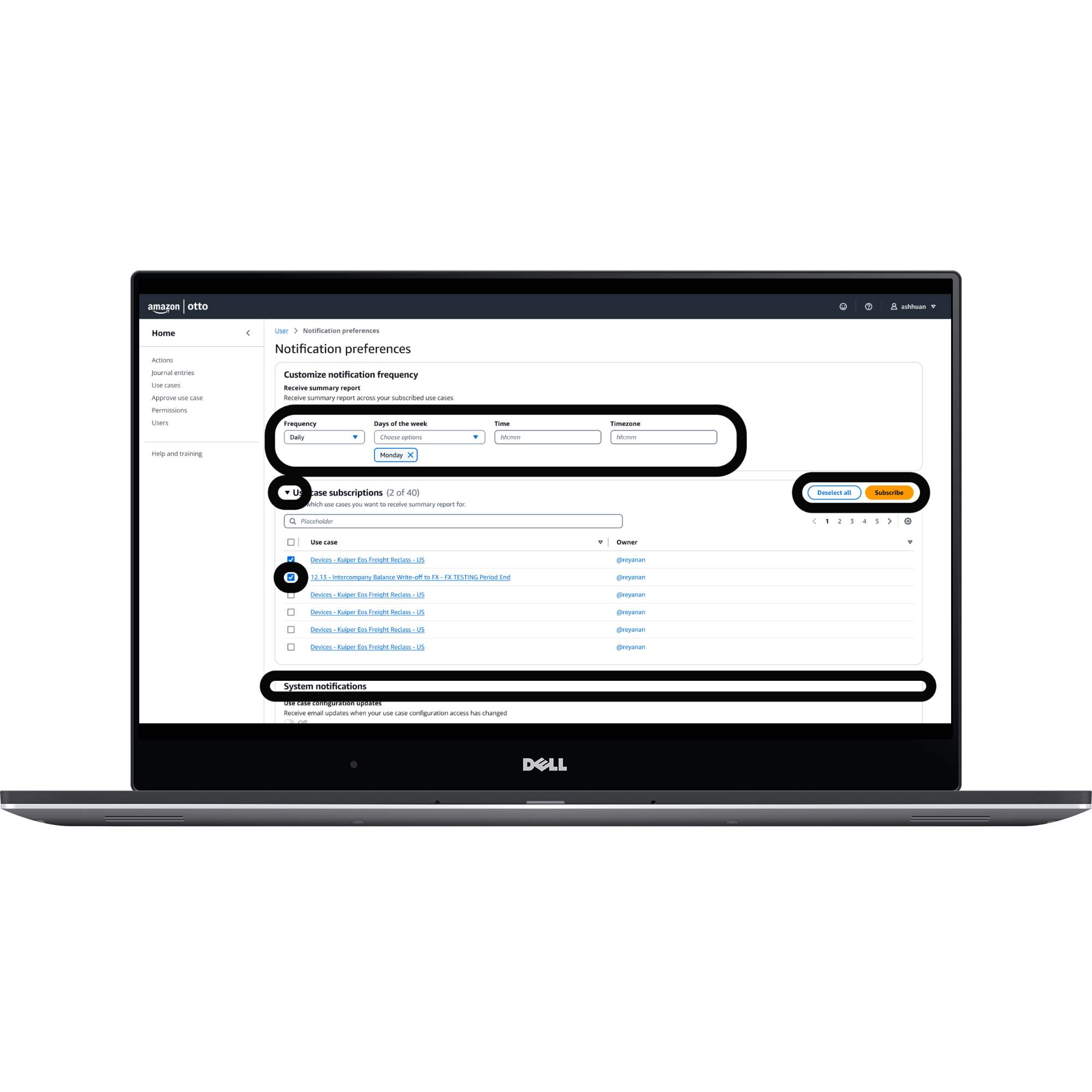 Notification settings exploration with bulk subscription checkboxes and separate frequency, day, time, and timezone controls.