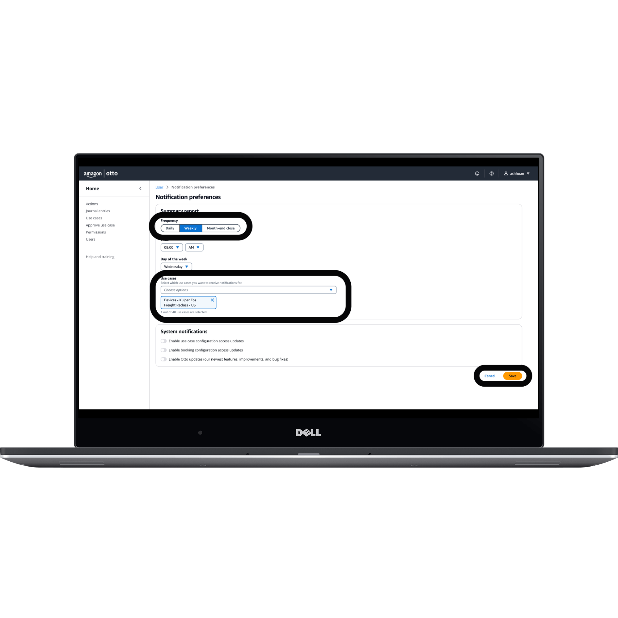 Notification settings exploration with segmented frequency options and a compact dropdown for selecting individual cases.